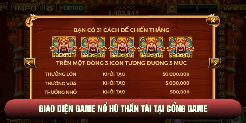Giao diện game nổ hũ thần tài tại cổng game